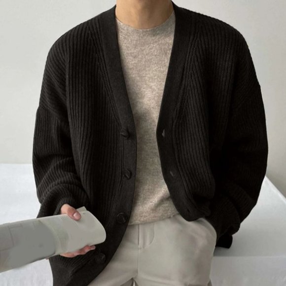 Black Mens Drop Shoulder Cardigan - Picture 4 of 4